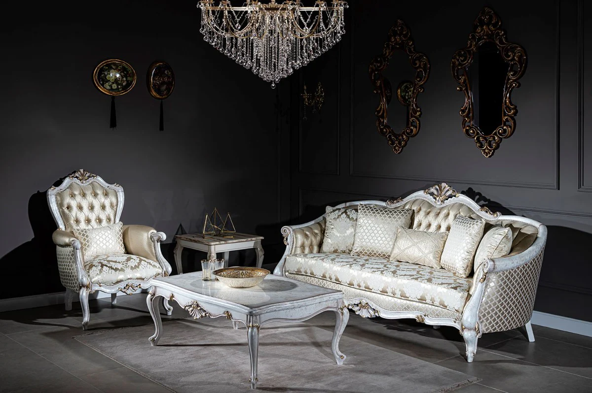 Luxury baroque coffee table antique white / gold 118 x 80 x H. 48 cm - solid wood living room table - living room furniture in baroque style