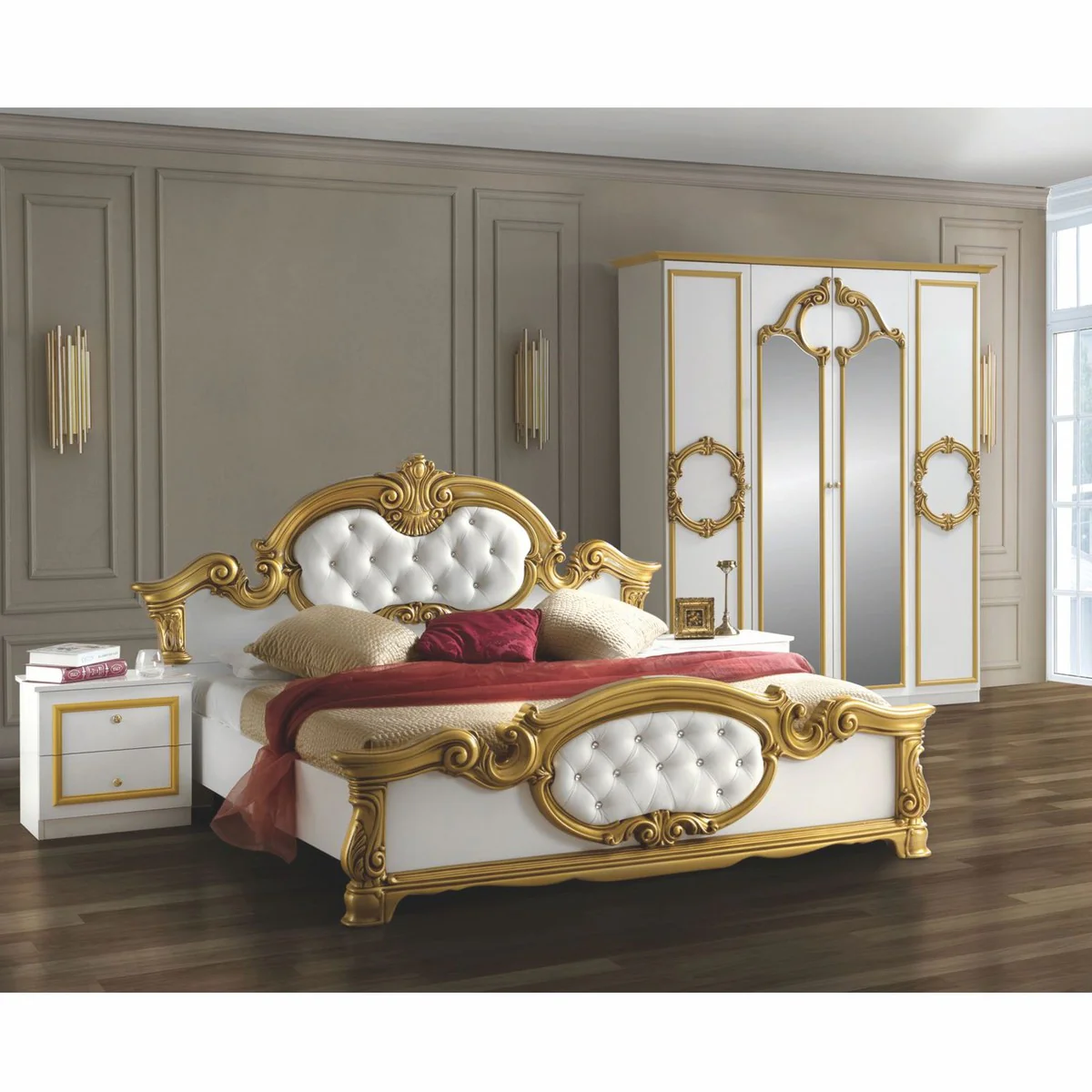 Luxury Baroque Double Bed White / Gold - Baroque style bedroom furniture