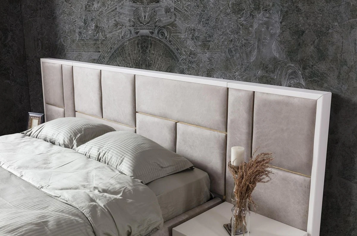 Luxury Solid Wood Bedroom Set Gray / White / Gold - 1 Double Bed with Headboard & 2 Bedside Tables - Luxury Bedroom Furniture