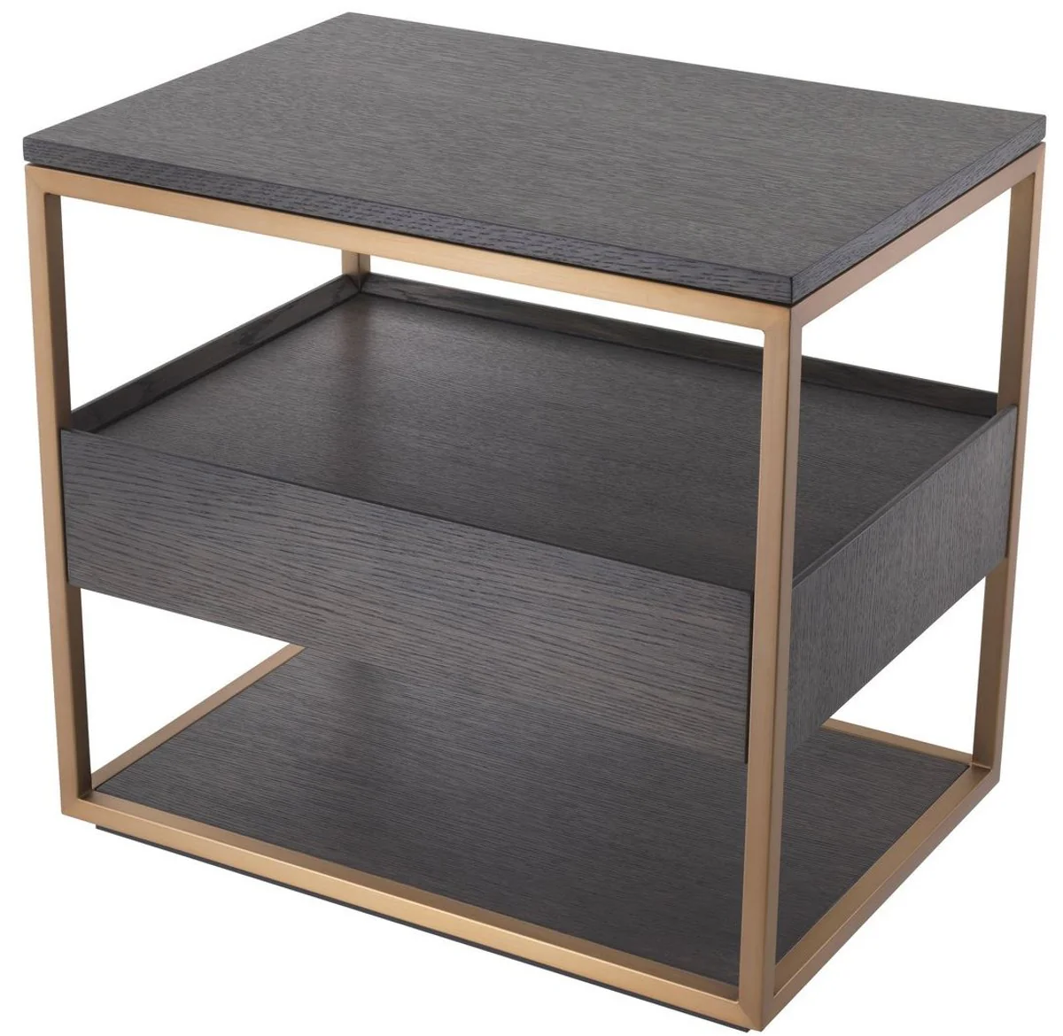 Luxury side table with drawer mocha / copper 65 x 46 x H. 61 cm - oak veneer bedside table with stainless steel frame - luxury furniture