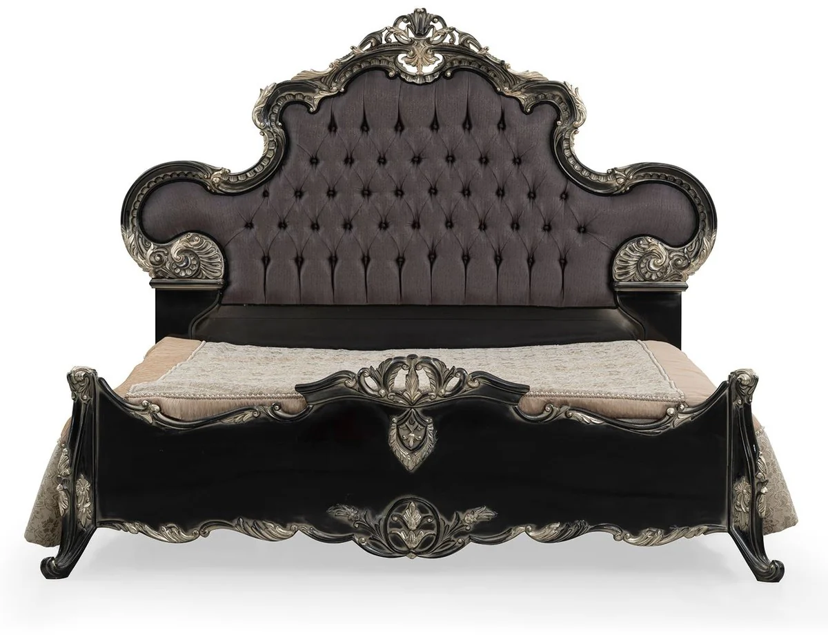 Luxury Baroque Double Bed Anthracite Gray / Black / Silver - Magnificent Solid Wood Bed - Luxury Bedroom Furniture in Baroque Style - Baroque Bedroom Furniture - Noble & Magnificent