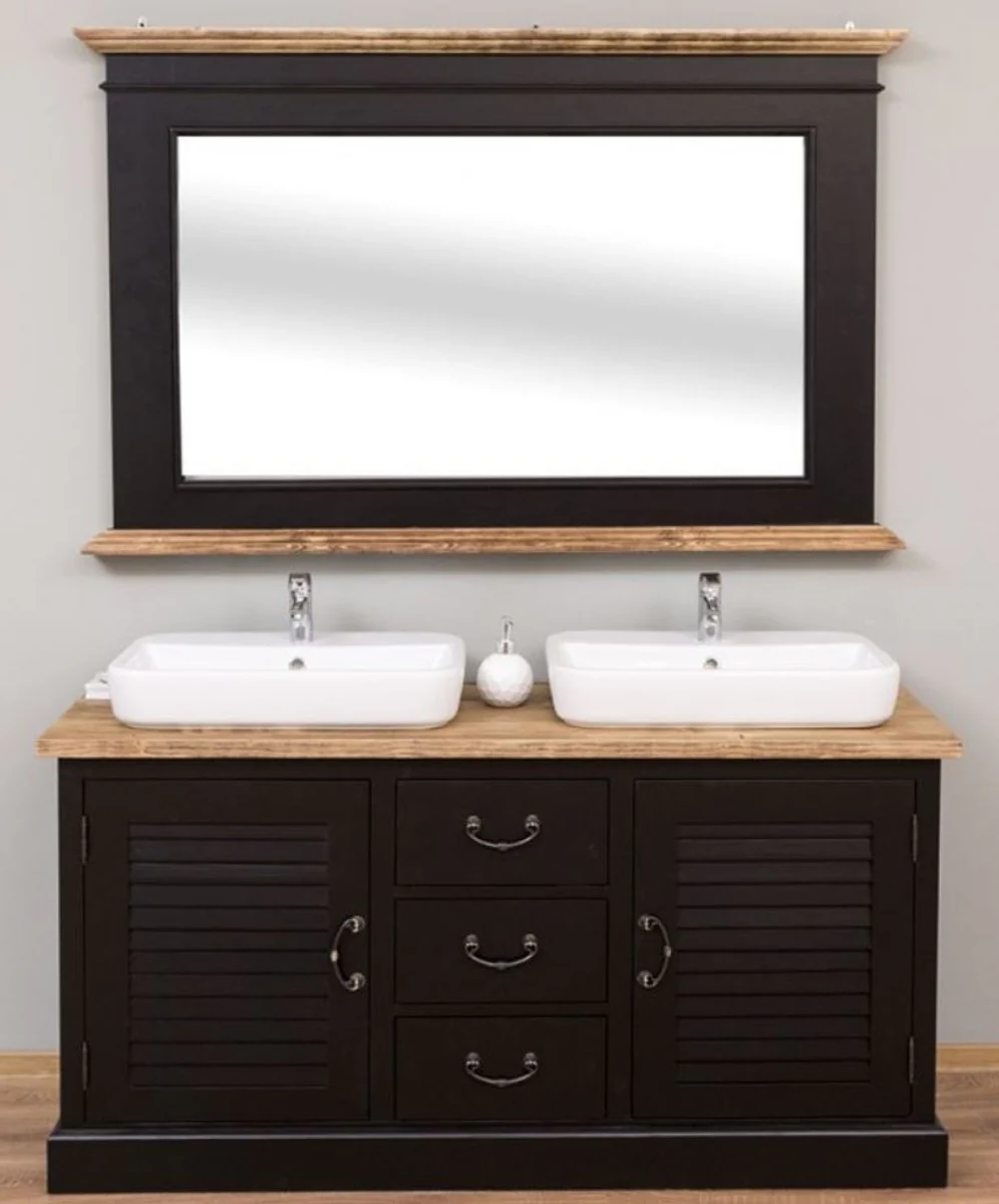 Country house style bathroom set black / natural colors - 1 double washbasin & 1 wall mirror - country house style bathroom furniture