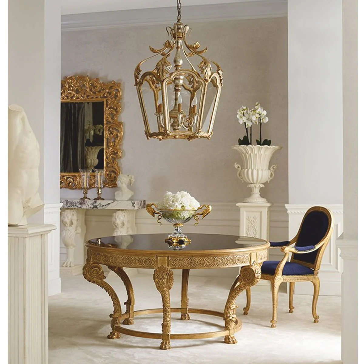 Luxury baroque dining table with glass top natural color / black Ø 142 cm - Made in Italy