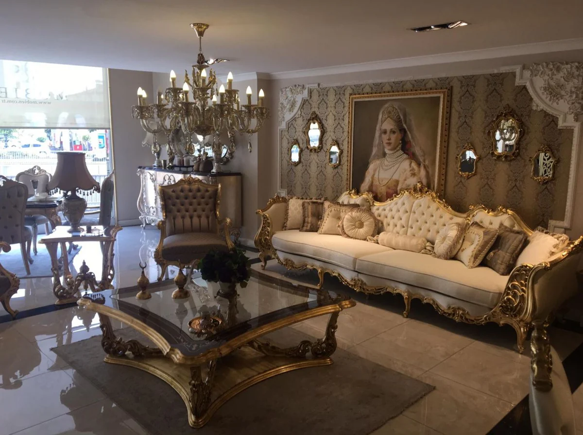 Luxury baroque living room sofa cream / gold 360 x 100 x H. 115 cm - Magnificent sofa in baroque style - Noble baroque living room furniture