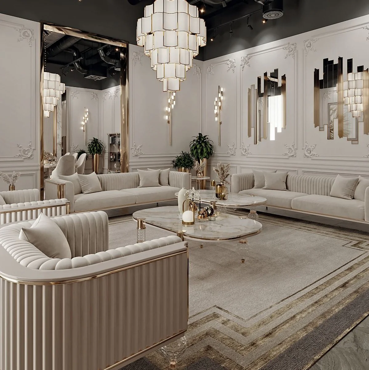 Luxury Art Deco 3-seater sofa gray / gold 260 x 96 x H. 75.5 cm - Living room sofa - Living room furniture - Art Deco furniture - Luxury furniture - Art Deco furnishings - Luxury furnishings