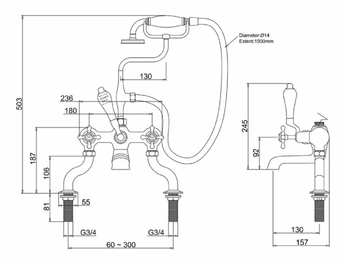 Luxury Art Nouveau bathtub mixer silver / black H. 50.3 cm - Nostalgic brass bathtub mixer with hand shower - Nostalgic bathroom accessories