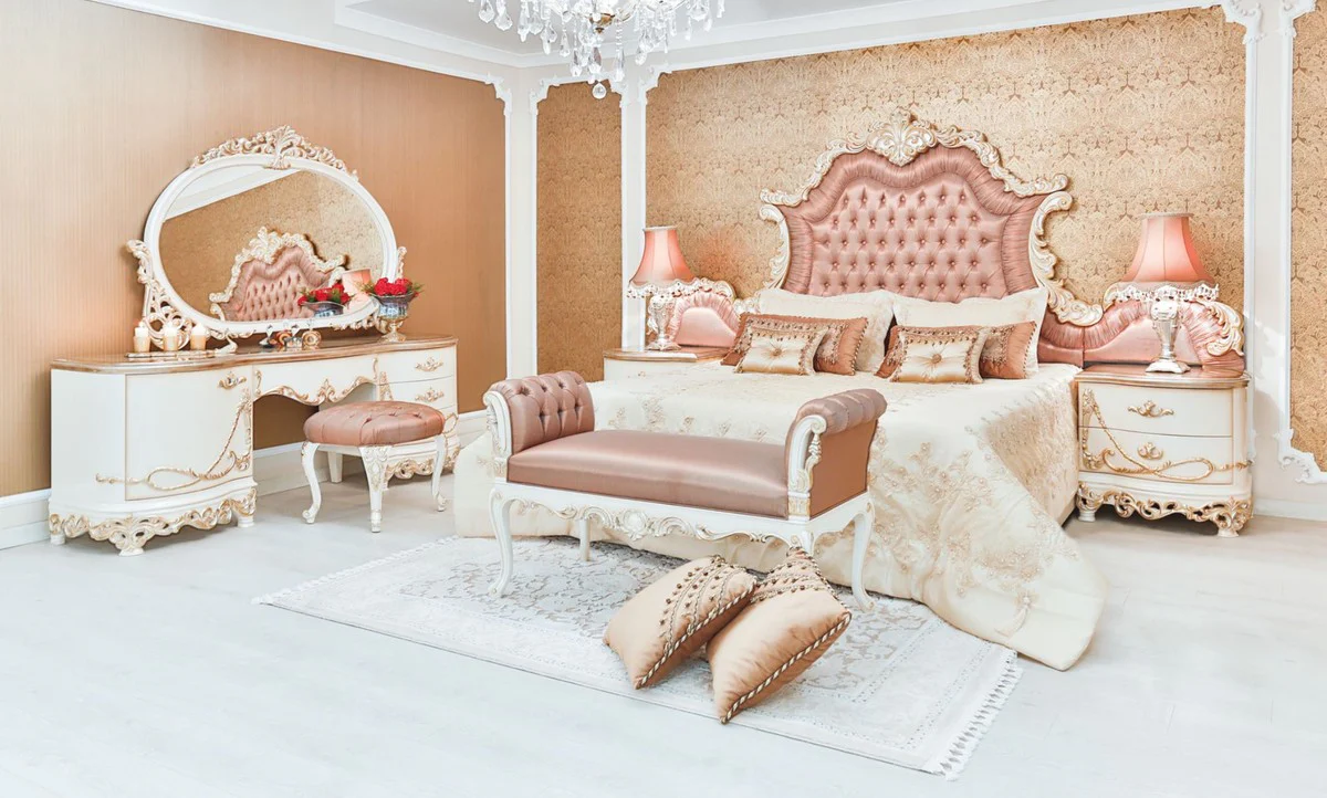 Luxury baroque bedroom set pink / white / cream / copper - 1 dressing table & 1 mirror & 1 stool - magnificent bedroom furniture in baroque style - luxury quality