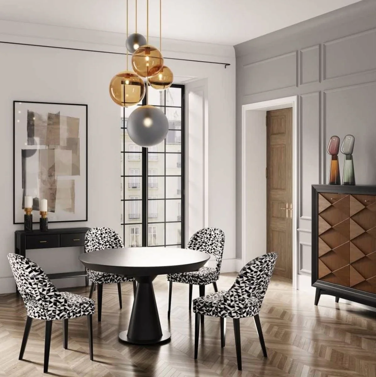 Luxury Art Deco dining table matt black 125-175 x 125 x H. 78 cm - Extendable solid wood kitchen table with round table top - Dining room furniture - Art Deco furniture - Luxury furniture