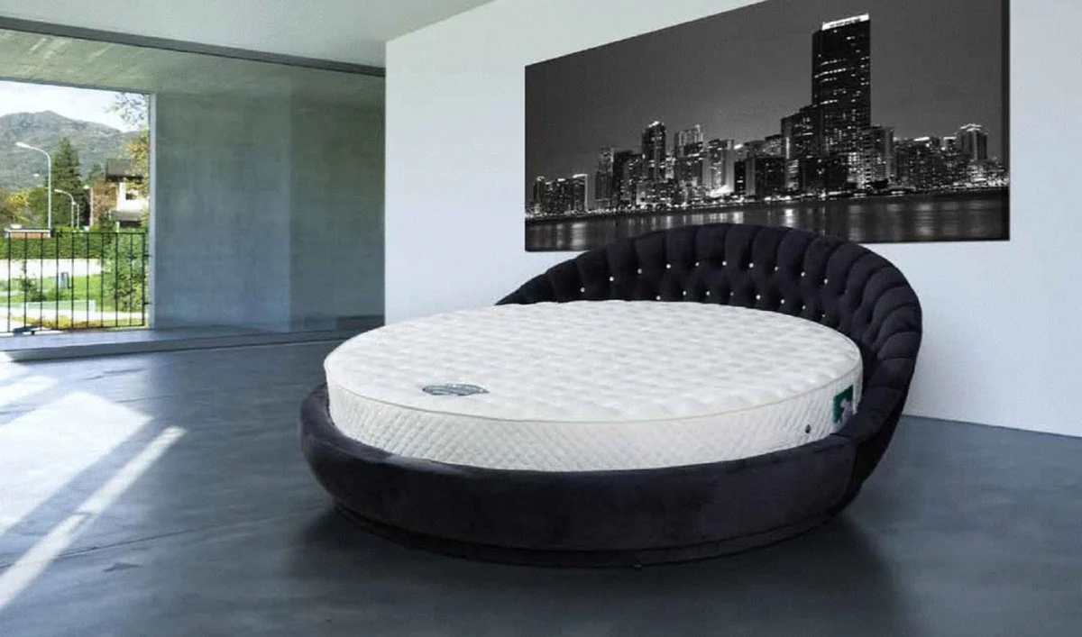 Luxury round bed black Ø 240 x H. 90 cm - Round double bed with rhinestones and mattress - Luxury bedroom furniture