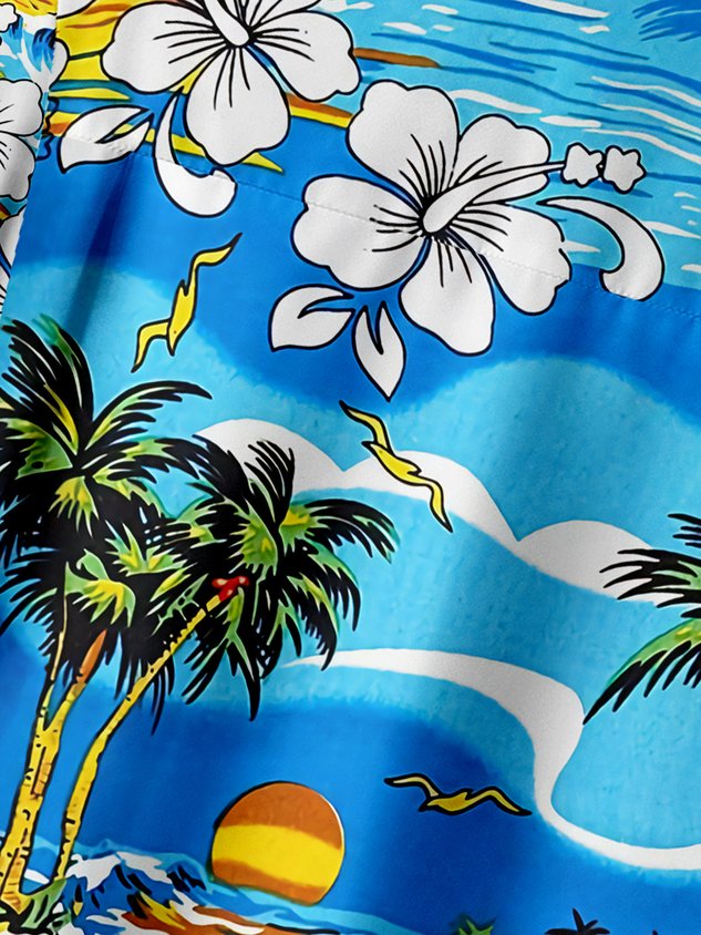 Flamingo Drinking Beer Chest Pocket Short Sleeve Hawaiian Shirt