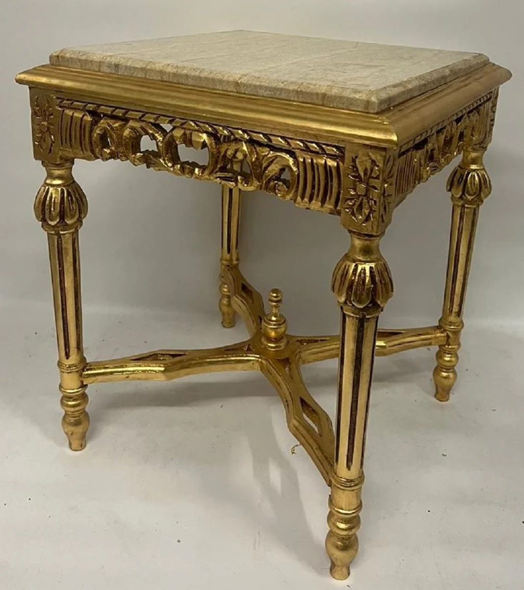Baroque side table gold / beige - square antique style solid wood table with marble top - living room furniture in baroque style - antique style furniture - baroque furniture