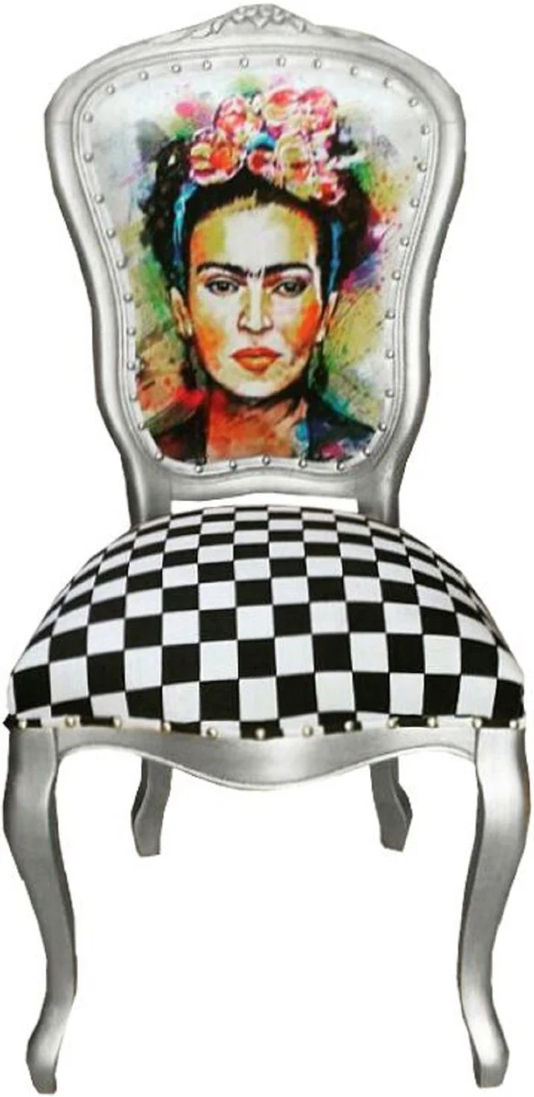 Luxury Baroque Dining Room Set Madmoisell Silver / Multicolored 55 x 54 x H. 103 cm - 4 handmade dining room chairs - Baroque dining room furniture