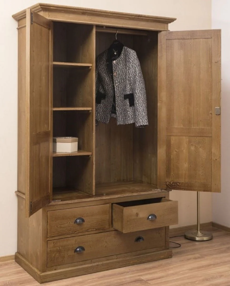 Country house style wardrobe brown 121 x 59 x H. 197 cm - solid wood bedroom wardrobe with 2 doors and 3 drawers - country house style bedroom furniture