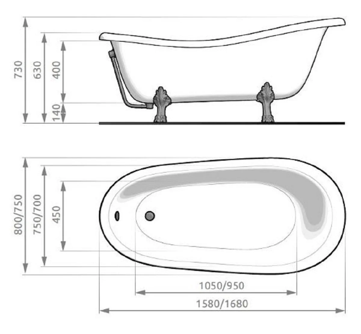 Art Nouveau bathtub brown / white / silver 168 cm - Freestanding retro style bathtub