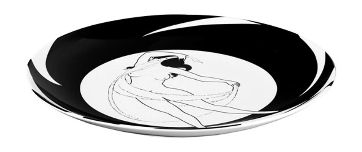 Handcrafted bowl made of porcelain with a motif by Audrey Beardsley Dancing woman with a cloth, diameter 30 cm - finest quality from the Tettau porcelain factory - beautiful flat bowl