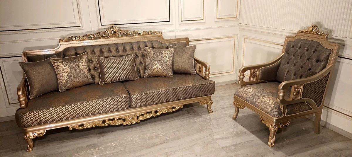 Luxury Baroque Living Room Sofa Gray / Gold - Handmade Baroque Style Sofa - Luxury Living Room Furniture in Baroque Style - Baroque Furniture - Noble & Magnificent