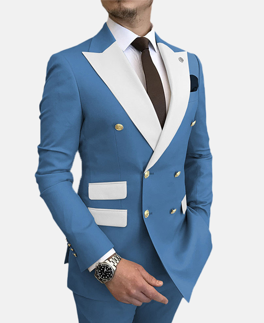 Elegant Plain Collar Stitching Contrast Color Slim Fit Double Breasted Blazer & Pants 2Pcs Suit